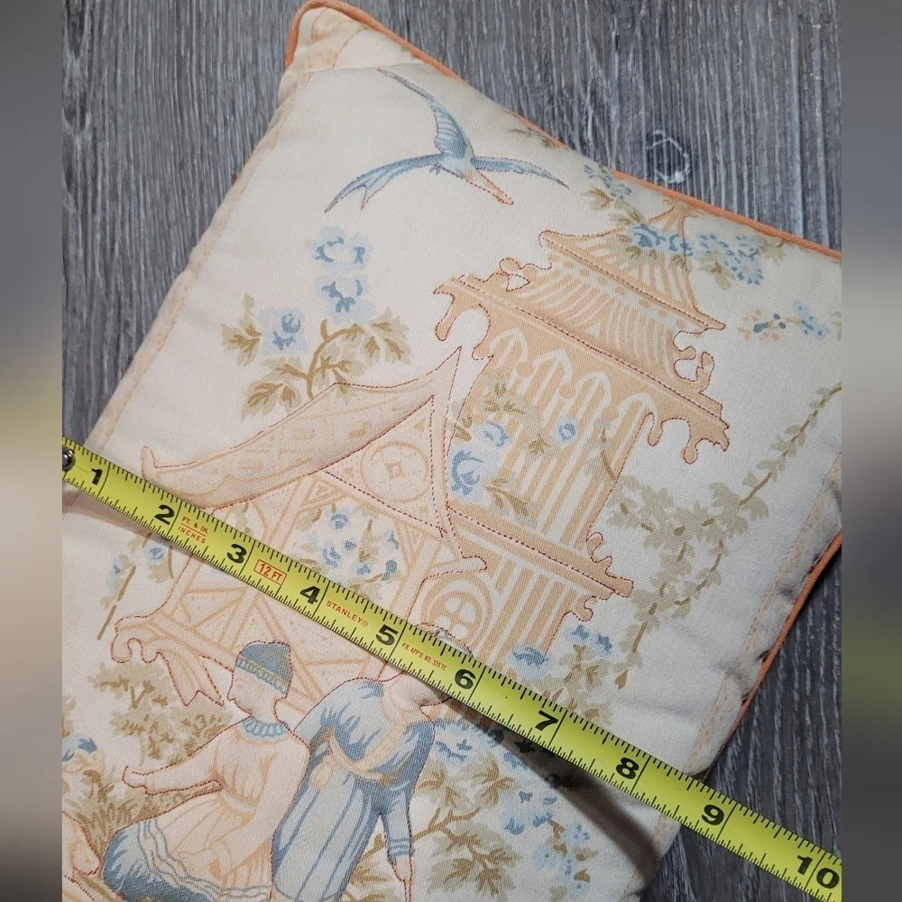 Vintage Chinoiserie Toile Pillow Pagoda Scene French Country Accent Cushion